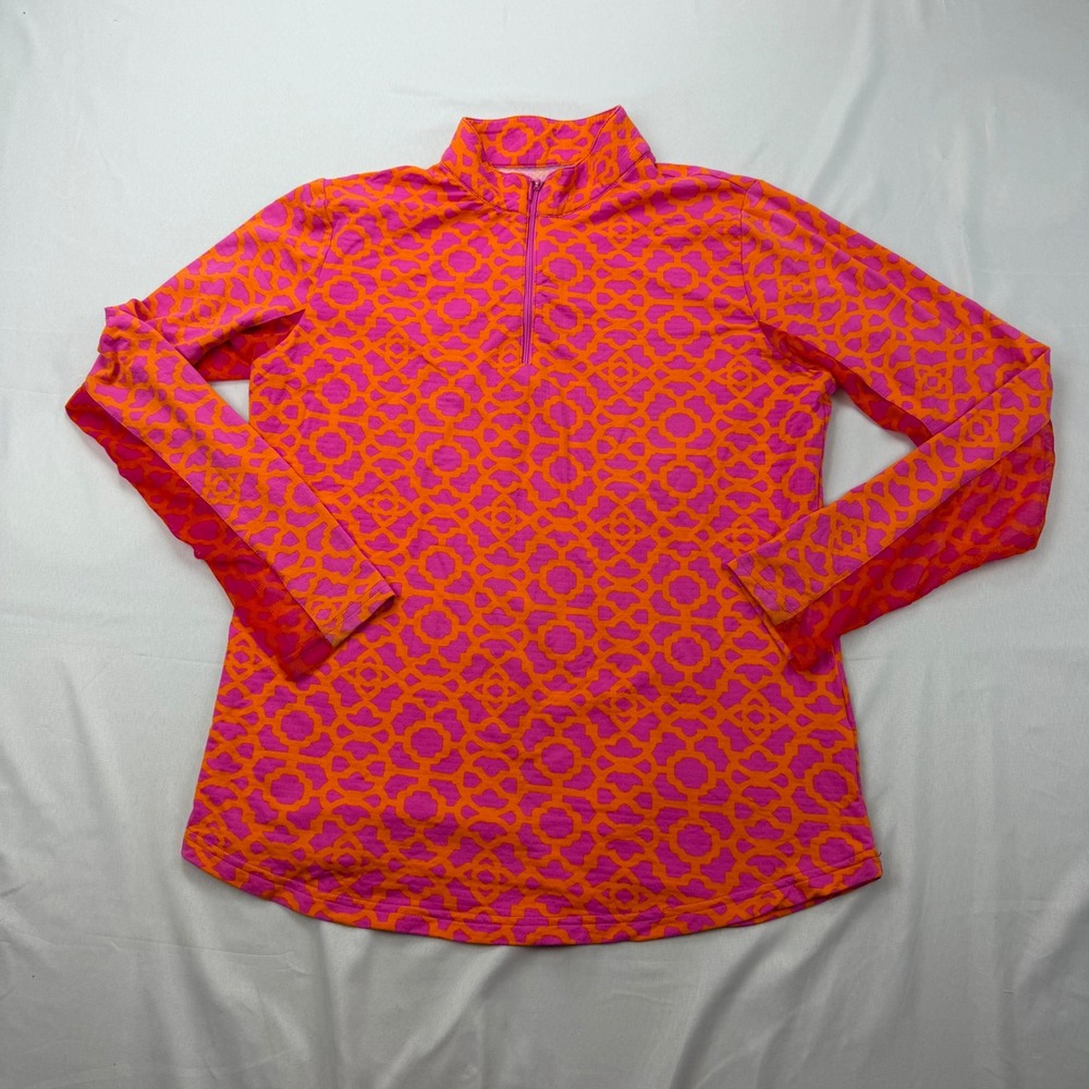 Icikuls 1/4 Zip Pullover Women Size M Pink Orange Geometric Sun Shirt Mesh